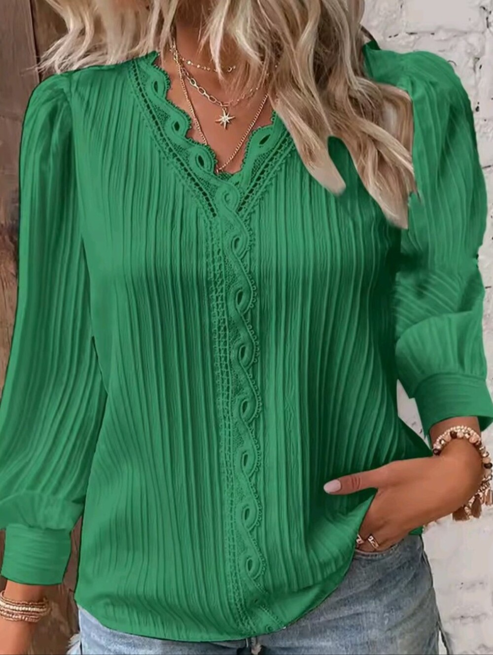 Women's Hollow Lace Patchwork V Neck Long Sleeve Blouse